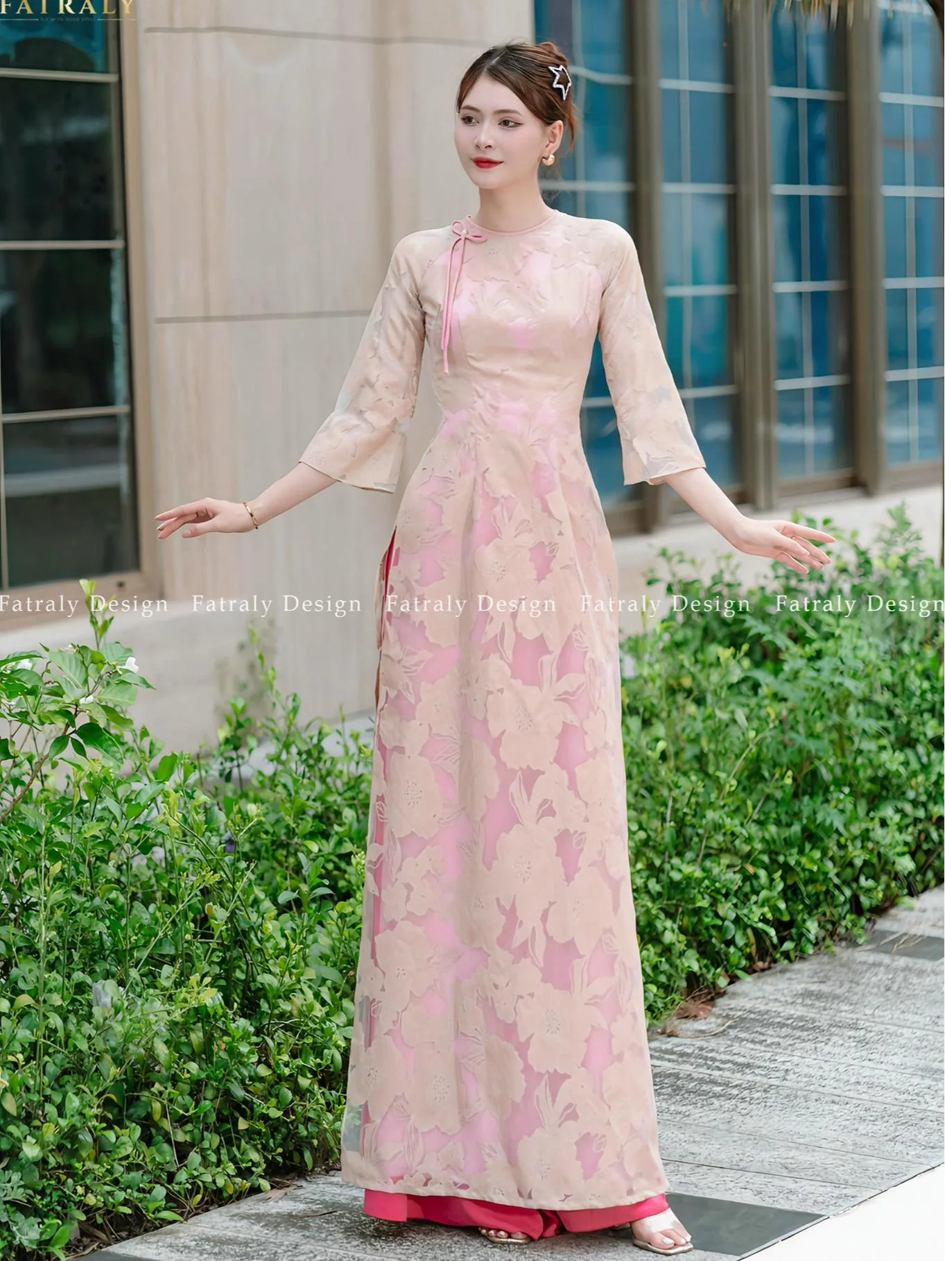 Áo Dài 4 Tà Tơ Dệt Vân In Hoa
