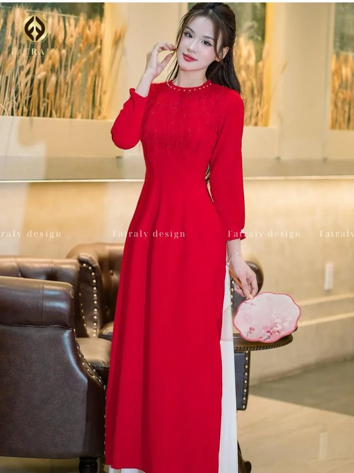 Áo dài nữ Lụa cúp ngực vải lông cổ xếp li đính ngọc trai trẻ trung và tinh tế