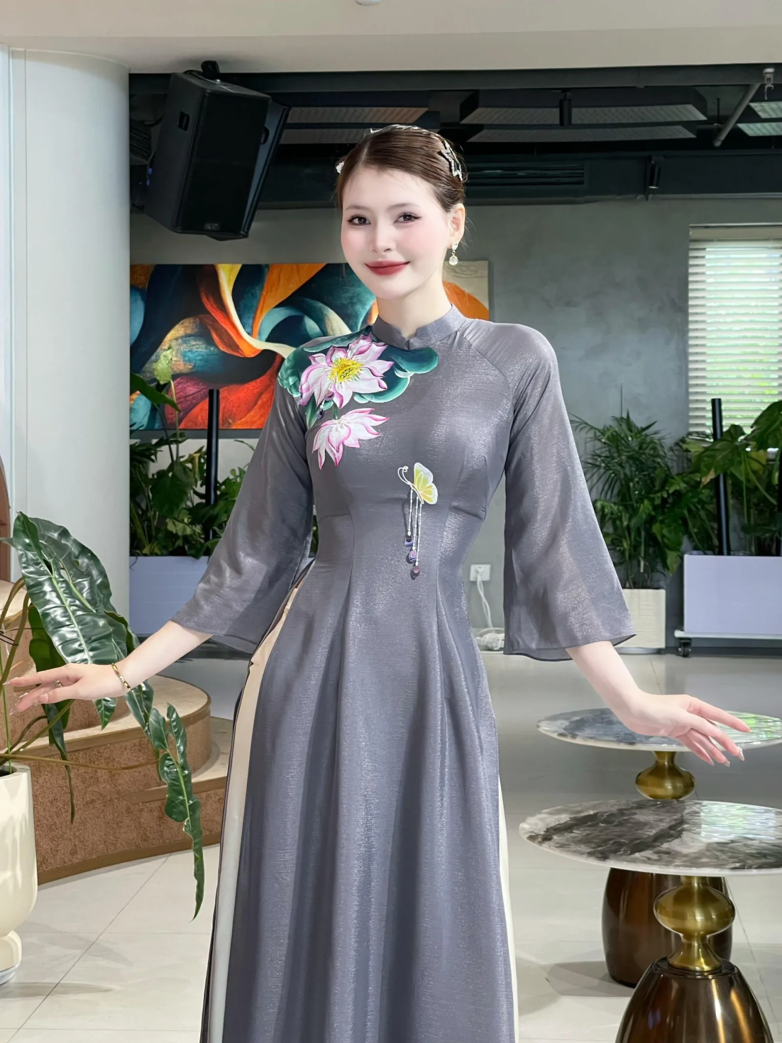 [ADTK 17] Áo Dài Phối Voan Tơ 4 Tà Màu Ghi Siêu Sang