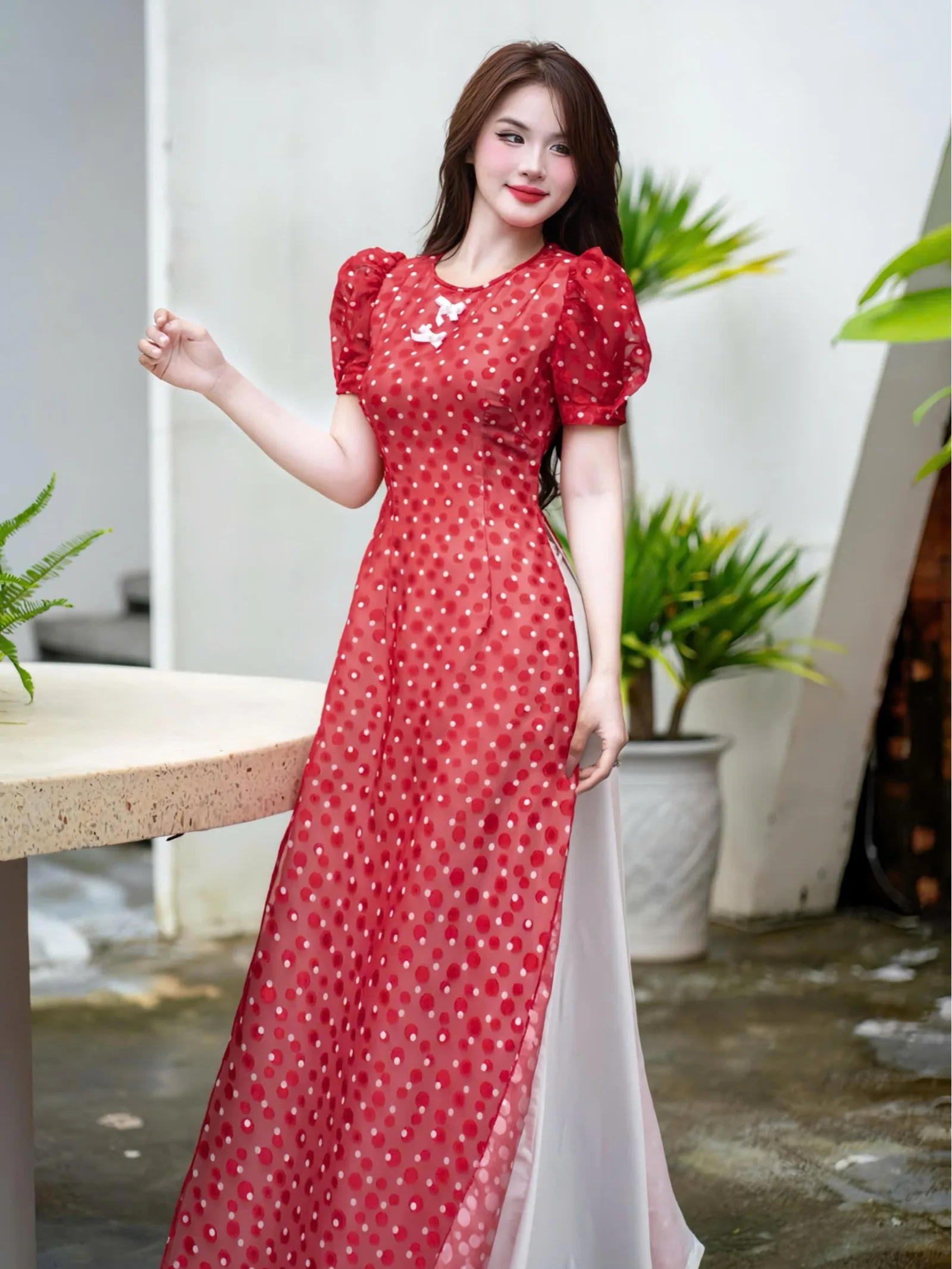 [ADTK 91] Áo dài nữ họa tiết chấm bi 4 tà trẻ trung tay ngắn