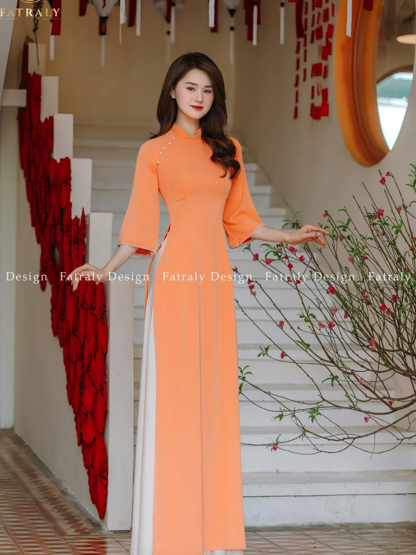 [ADTK 101] Áo Dài Truyền Thống Màu Cam Đào