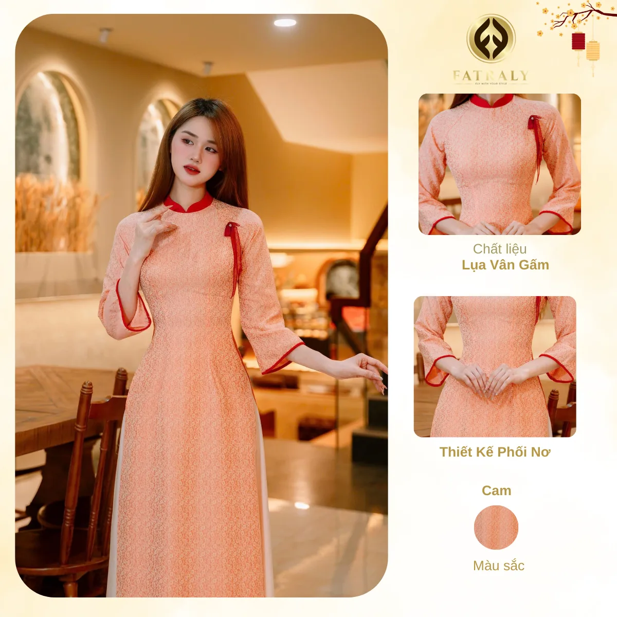 [ADTK 109] Áo dài nữ lụa vân gấm cổ đỏ phối nơ tông cam