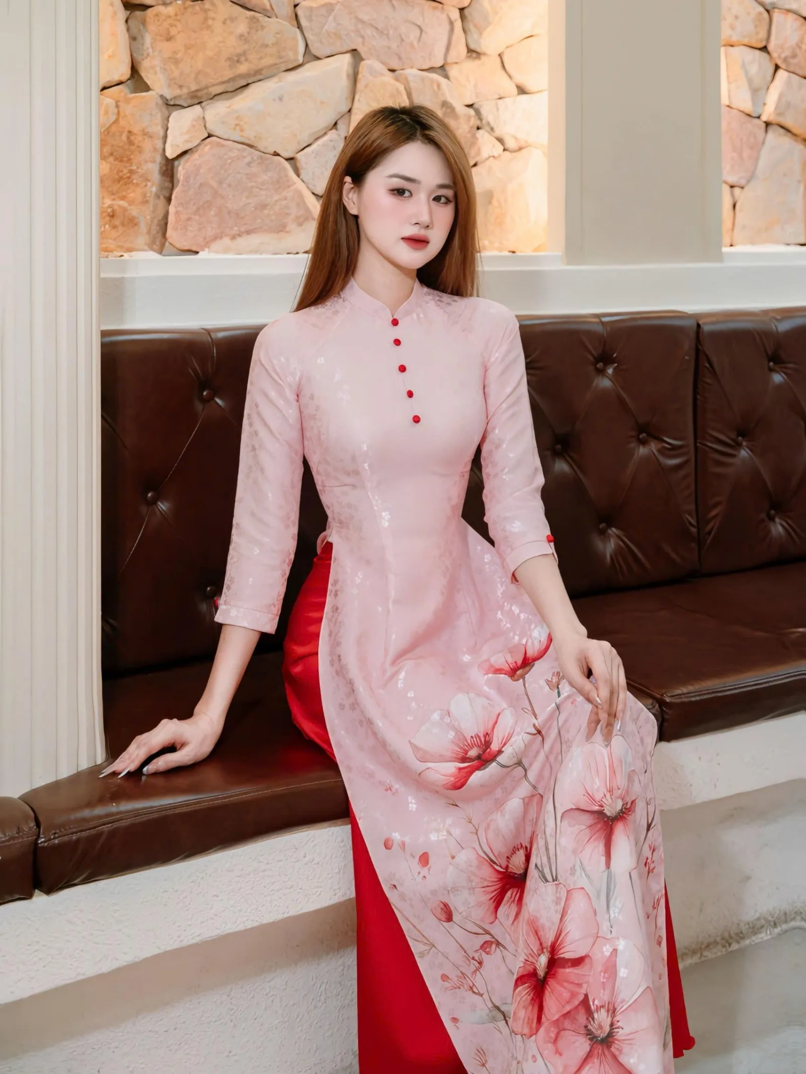 Áo dài nữ lụa tơ tăm vân gấm nút bọc màu hồng cam thời trang nữ tính và dịu dàng