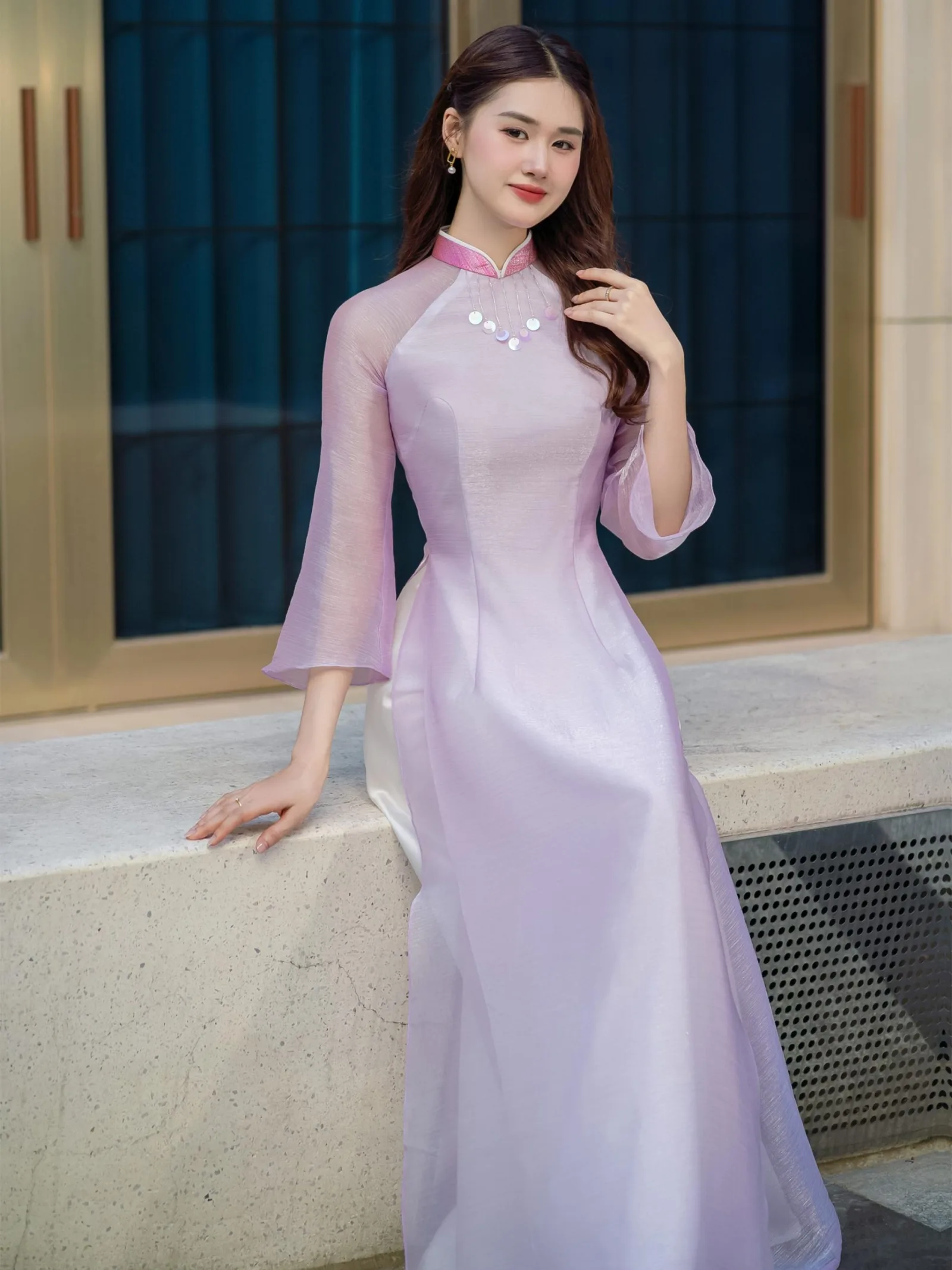 [ADTK 80] Áo dài nữ tơ 4 tà đính kết thủ công