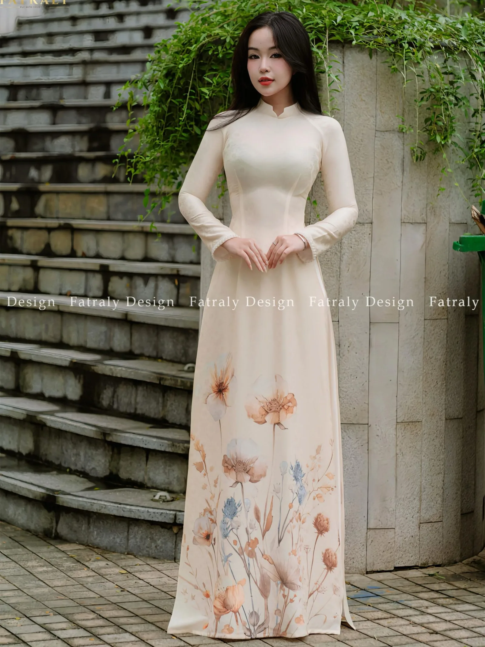 Áo dài cho thuê Sương Hoa gấm tơ tầm Fatraly